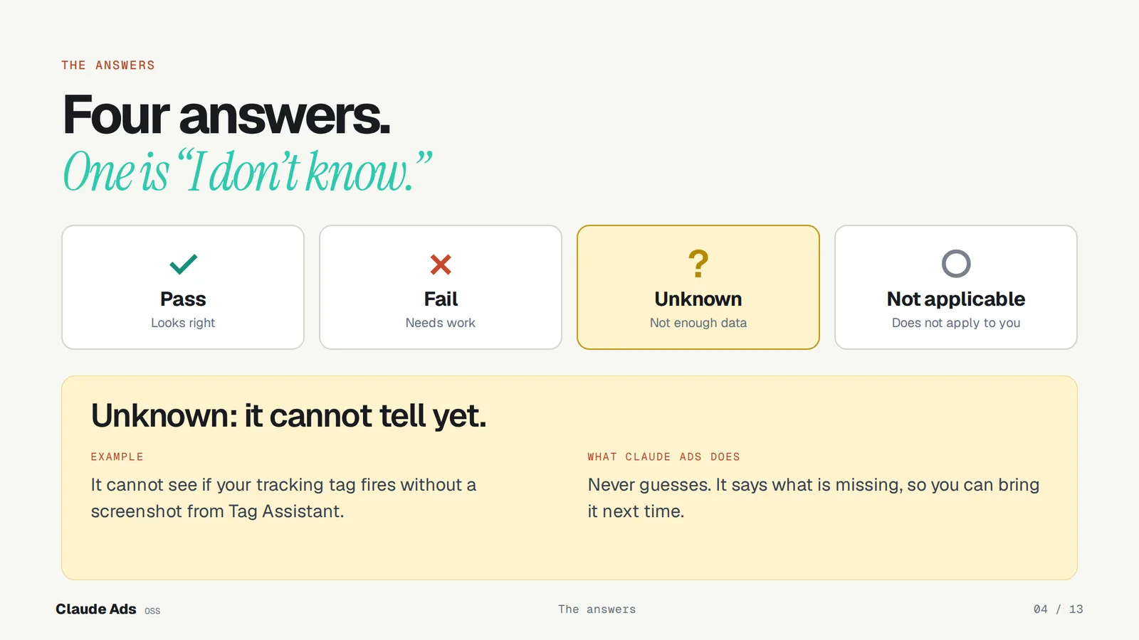 Slide titled Four answers: Pass, Fail, Unknown and Not applicable, with Unknown highlighted and explained